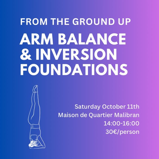 | INVERSIONS & ARM BALANCES WORKSHOP 🤸

Are you ready to shift your perspective and take your practice to new heights? 

This 2-hour Inversions & Arm Balances Foundations Workshop is your chance to safely explore life upside down and on your hands. Through guided drills and step-by-step progressions, we’ll build the strength, stability, and confidence needed to approach these postures with curiosity rather than fear.

👉 What to expect: 🔹 Understanding alignment and the anatomical theory behind the practice 
🔹 Accessible drills to prepare body & mind 🔹 Exploration of foundational inversions & arm balances 🔹 Increased focus, better resilience, and a lot of fun!

This workshop is designed for yogis with prior practice experience, but you don’t need to “master” or hold these postures — just come with an open mind and a willingness to try!🤗

📍 Maison de Quartier Malibran, 10 Rue de la Digue, 1050 Ixelles (3rd floor, room « Rythme »)
📆  Saturday 11/10/25, 14:00-16:00
💰30€/person 
All necessary equipment will be available at the studio.

❗️BOOKINGS via the link in my BIO
💌 DM for more info

#YogaWorkshop #InversionsWorkshop #ArmBalances #YogaInversions #YogaStrength #UpsideDownYoga #YogaCommunity #YogaPractice #YogaJourney #YogaBrussels  #FlightSchoolYoga #YogaProgress #YogaConfidence #YogaDrills #RocketYoga #PowerYoga #YogaChallenge #YogaFlow #YogaEmpowerment #fromgroundtosky